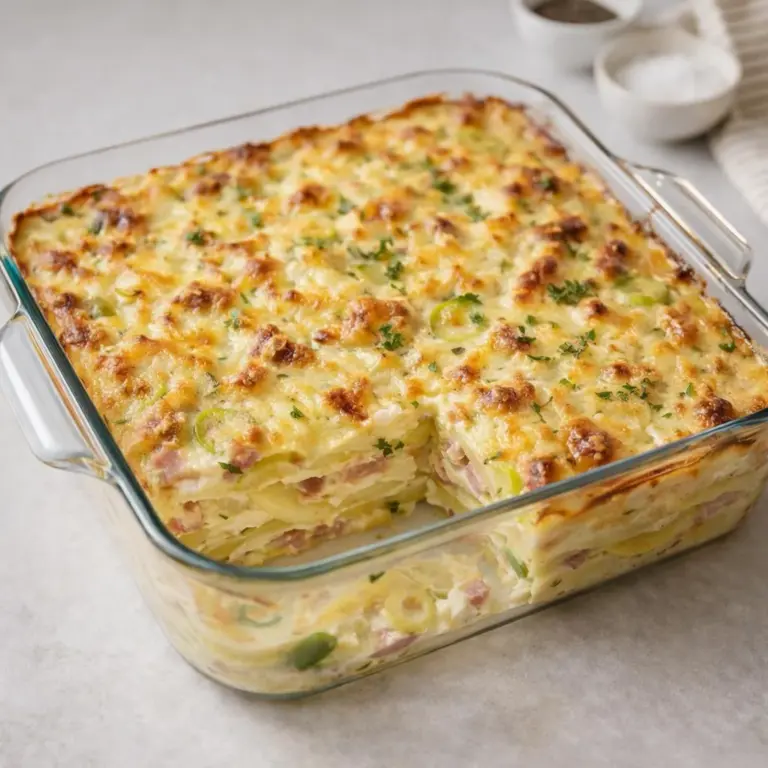 Oven-Baked Potato and Leek Gratin with Crispy Bacon