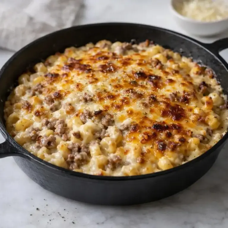 Cheesy Baked Macaroni with Ground Beef and Creamy Sauce